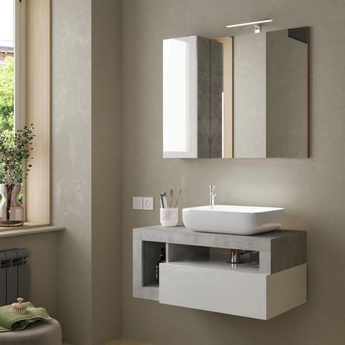Meuble Vasque 92cm Suspendu 1 Tiroirs Blanc Laqué Et Aspect Béton - Arturo