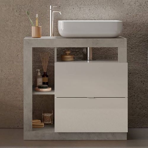 Meuble Vasque 78cm 2 Tiroirs Blanc Laqué Et Aspect Béton - Arturo