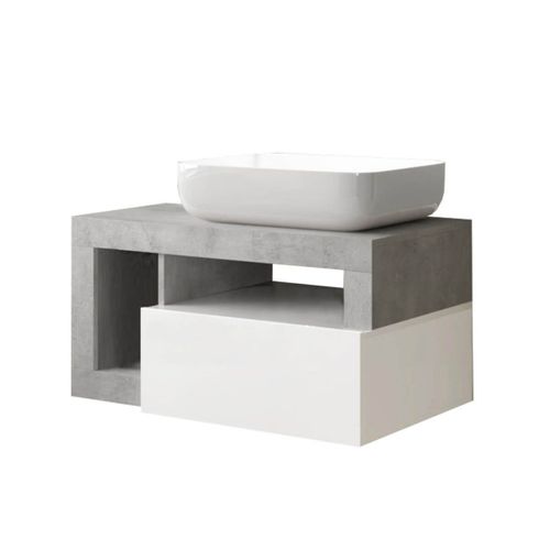 Meuble Vasque 78cm Suspendu 1 Tiroirs Blanc Laqué Et Aspect Béton - Arturo