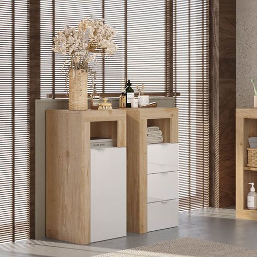 Rangement 3 Tiroirs 35cm Blanc Laqué Et Aspect Bois Finition Cadiz - Arturo