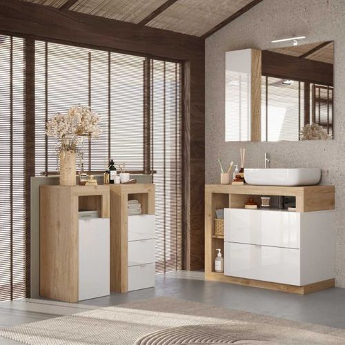 Rangement 3 Tiroirs 35cm Blanc Laqué Et Aspect Bois Finition Cadiz - Arturo