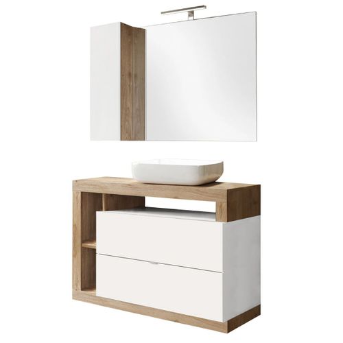 Meuble Vasque 110cm + Miroir Blanc Et Aspect Bois Finition Cadiz - Arturo