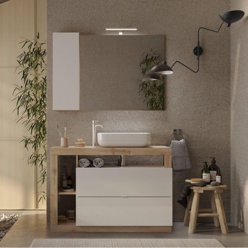 Meuble Vasque 110cm + Miroir Blanc Et Aspect Bois Finition Cadiz - Arturo