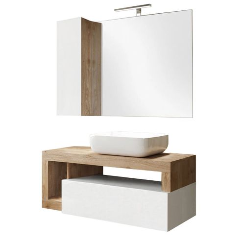 Meuble Vasque 110cm Suspendu + Miroir Blanc Et Aspect Bois Finition Cadiz - Arturo