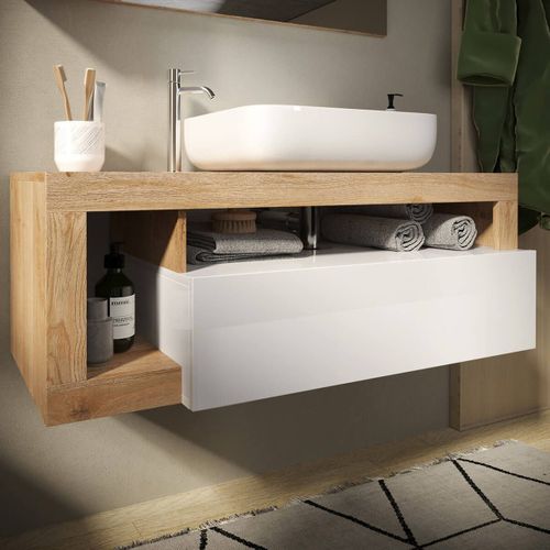 Meuble Vasque 110cm Suspendu + Miroir Blanc Et Aspect Bois Finition Cadiz - Arturo