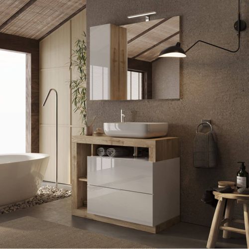 Meuble Vasque 92cm + Miroir Blanc Et Aspect Bois Finition Cadiz - Arturo