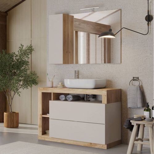 Meuble Vasque 110cm + Miroir Beige Et Aspect Bois Finition Cadiz - Arturo