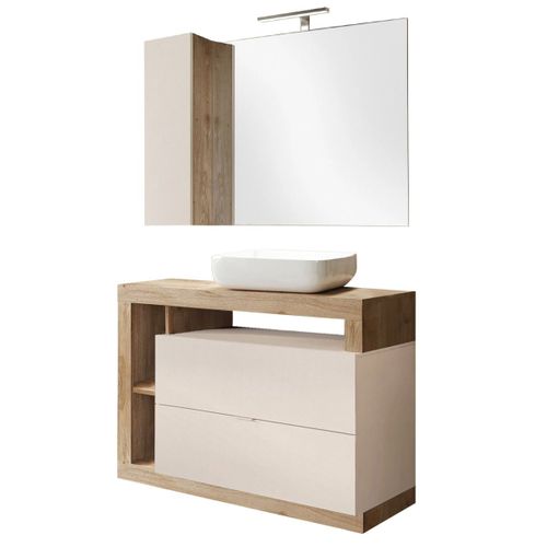 Meuble Vasque 110cm + Miroir Beige Et Aspect Bois Finition Cadiz - Arturo