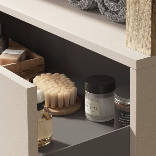 Meuble Vasque 110cm + Miroir Beige Et Aspect Bois Finition Cadiz - Arturo