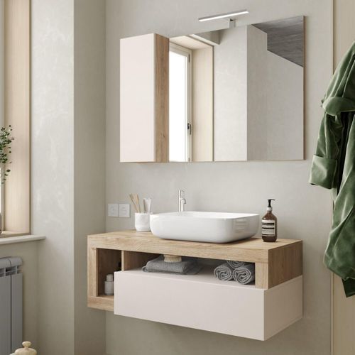 Meuble Vasque 110cm Suspendu + Miroir Beige Et Aspect Bois Finition Cadiz - Arturo