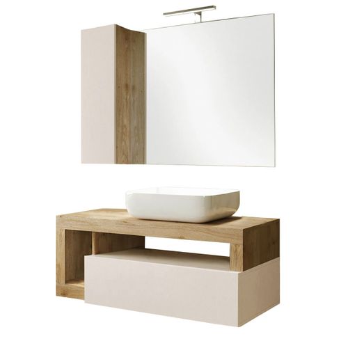 Meuble Vasque 110cm Suspendu + Miroir Beige Et Aspect Bois Finition Cadiz - Arturo