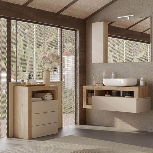 Meuble Vasque 110cm Suspendu + Miroir Beige Et Aspect Bois Finition Cadiz - Arturo