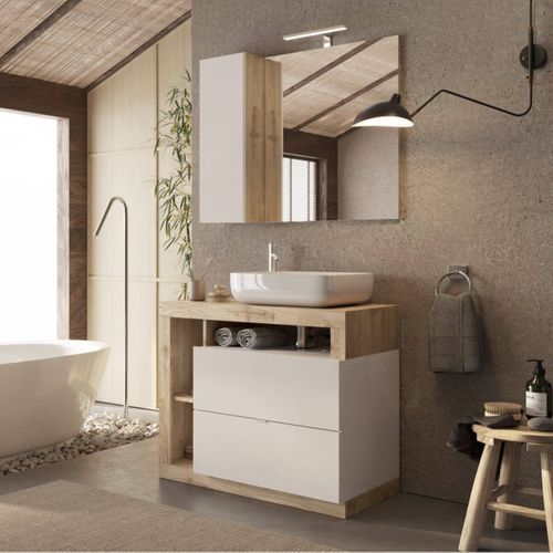 Meuble Vasque 92cm + Miroir Beige Et Aspect Bois Finition Cadiz - Arturo