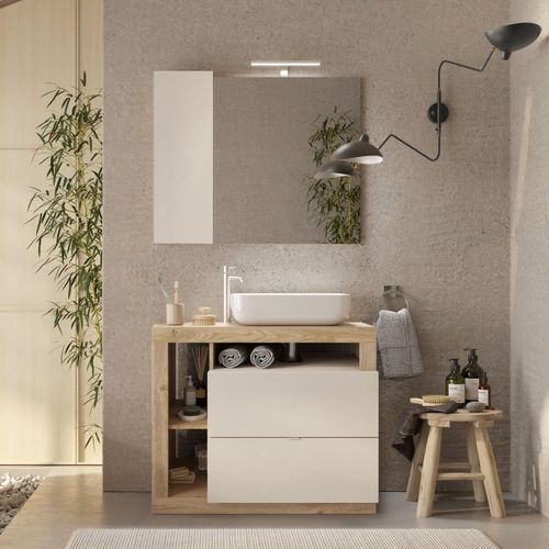 Meuble Vasque 92cm + Miroir Beige Et Aspect Bois Finition Cadiz - Arturo