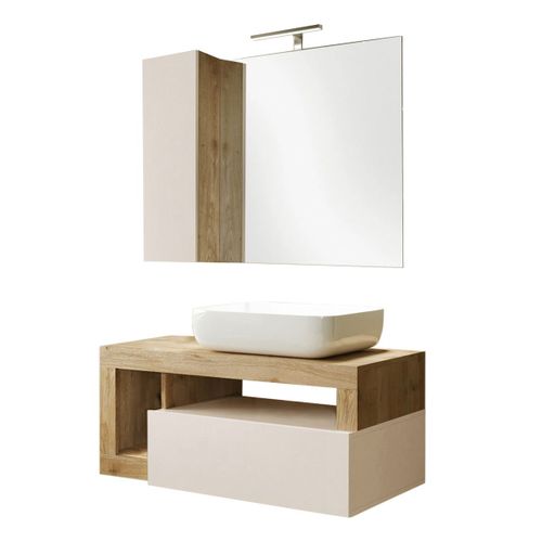 Meuble Vasque 92cm Suspendu + Miroir Beige Et Aspect Bois Finition Cadiz - Arturo