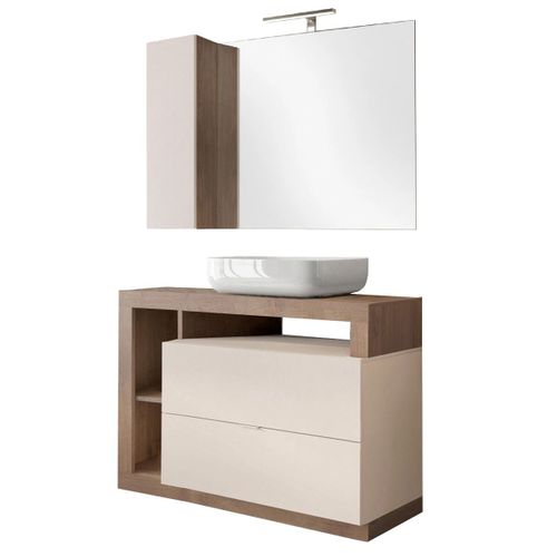 Meuble Vasque 110cm + Miroir Beige Et Aspect Bois Finition Mercure - Arturo