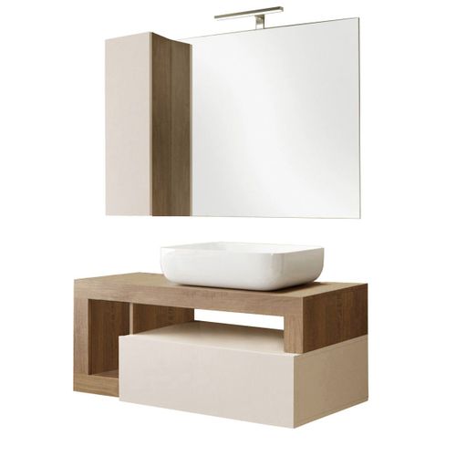 Meuble Vasque 110cm Suspendu + Miroir Beige Et Aspect Bois Finition Mercure - Arturo