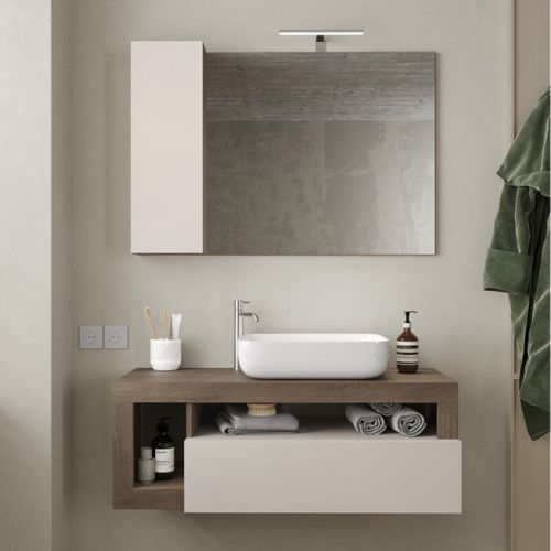 Meuble Vasque 110cm Suspendu + Miroir Beige Et Aspect Bois Finition Mercure - Arturo