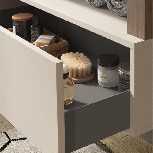 Meuble Vasque 110cm Suspendu + Miroir Beige Et Aspect Bois Finition Mercure - Arturo