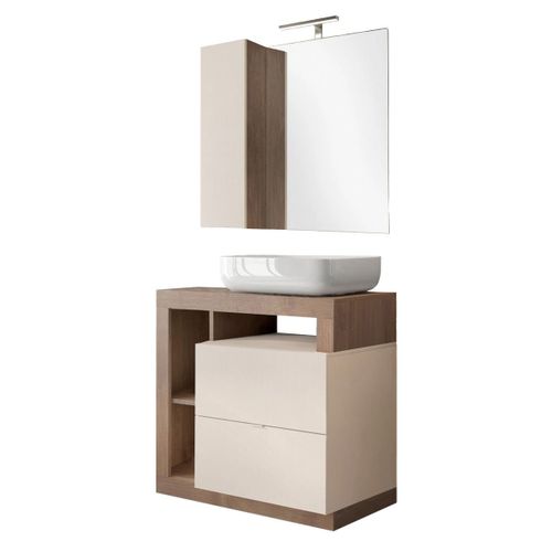 Meuble Vasque 78cm + Miroir Beige Et Aspect Bois Finition Mercure - Arturo