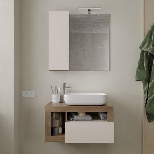 Meuble Vasque 78cm Suspendu + Miroir Beige Et Aspect Bois Finition Mercure - Arturo