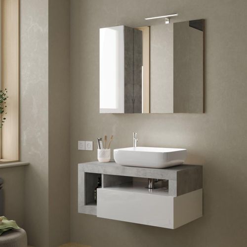 Meuble Vasque 92cm Suspendu + Miroir Blanc Et Aspect Béton - Arturo