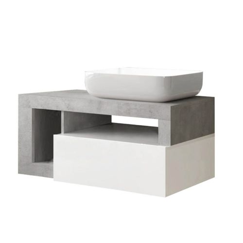 Meuble Vasque 92cm Suspendu + Miroir Blanc Et Aspect Béton - Arturo