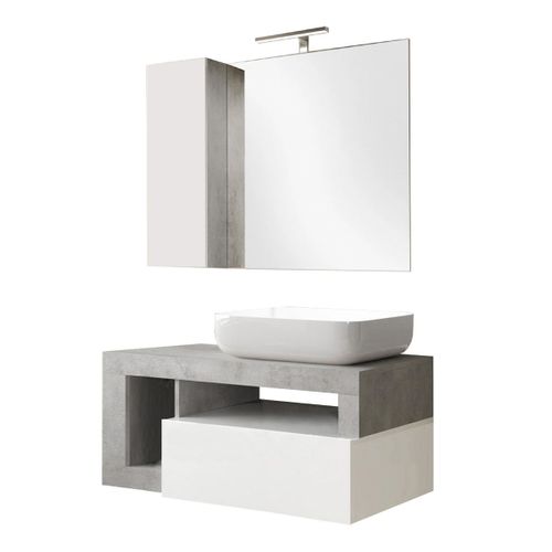 Meuble Vasque 92cm Suspendu + Miroir Blanc Et Aspect Béton - Arturo
