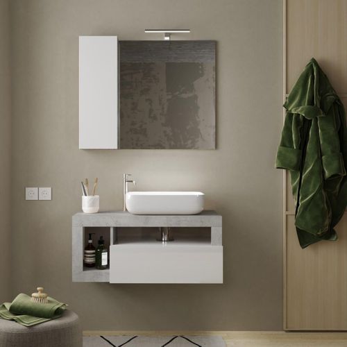Meuble Vasque 92cm Suspendu + Miroir Blanc Et Aspect Béton - Arturo