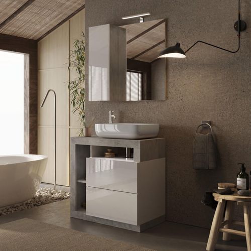 Meuble Vasque 78cm + Miroir Blanc Et Aspect Béton - Arturo