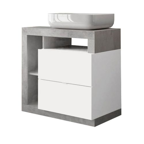 Meuble Vasque 78cm + Miroir Blanc Et Aspect Béton - Arturo