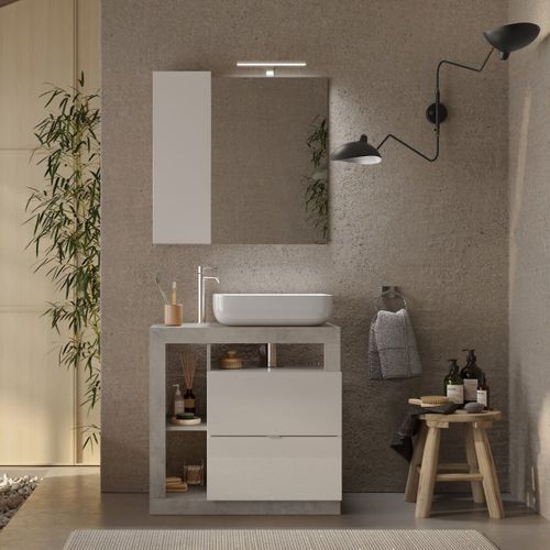 Meuble Vasque 78cm + Miroir Blanc Et Aspect Béton - Arturo