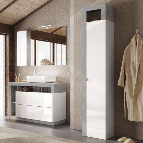 Ensemble Meuble Vasque 110cm + Rangement + Armoire 1p Blanc Et Aspect Béton - Arturo