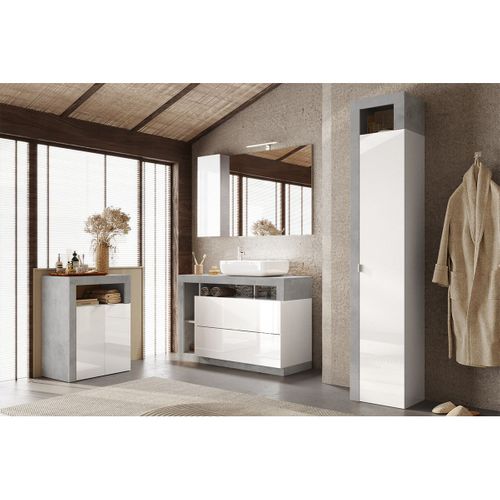 Ensemble Meuble Vasque 110cm + Rangement + Armoire 1p Blanc Et Aspect Béton - Arturo