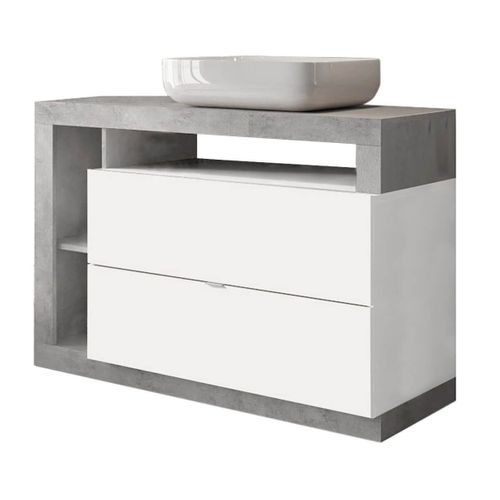Ensemble Meuble Vasque 110cm + Rangement 2p + Colonne Blanc Et Aspect Béton - Arturo