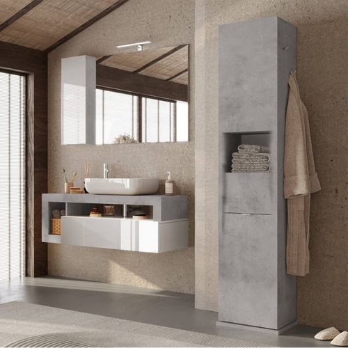 Ensemble Meuble Vasque Suspendu 110cm + Rangements Blanc Et Aspect Béton - Arturo
