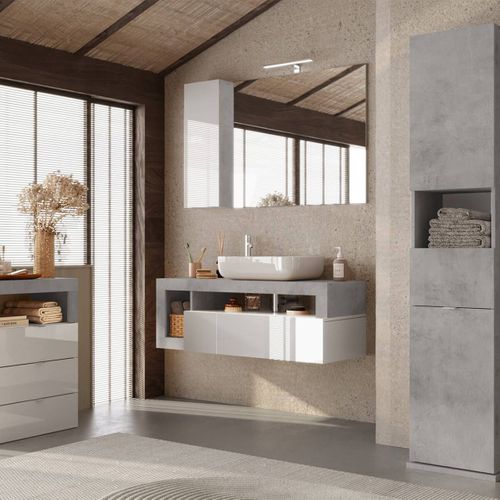Ensemble Meuble Vasque Suspendu 110cm + Rangements Blanc Et Aspect Béton - Arturo