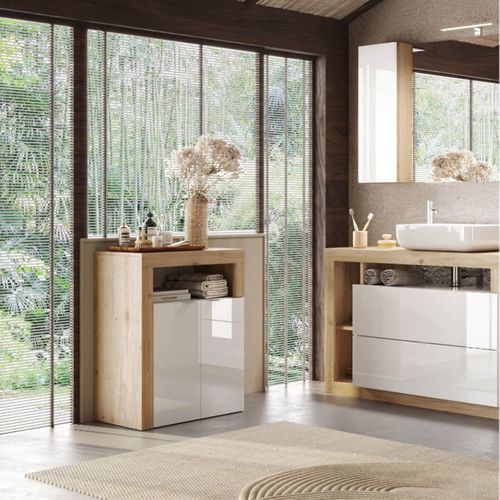 Ensemble Meuble Vasque 110cm + Rangements + Colonne Blanc Et Aspect Bois Cadiz - Arturo