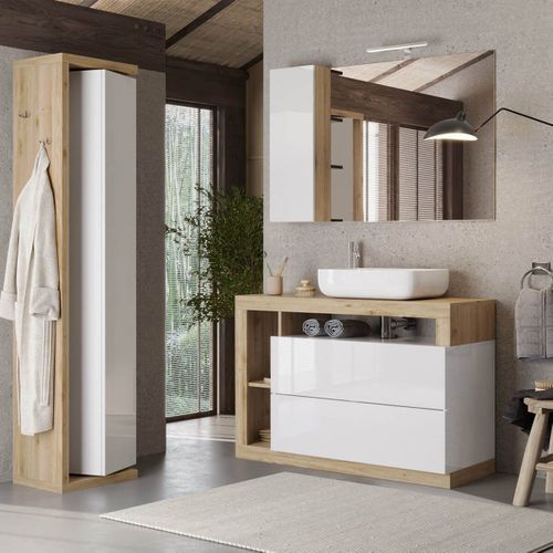 Ensemble Meuble Vasque 110cm + Colonne Pivotante Blanc Et Aspect Bois Cadiz - Arturo