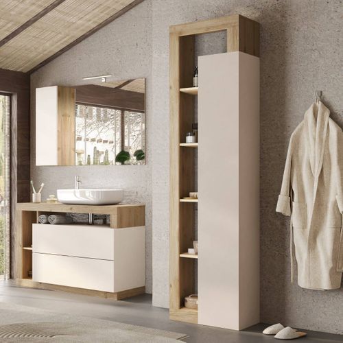 Ensemble Meuble Vasque 92cm + Colonne Beige Et Aspect Bois Cadiz - Arturo