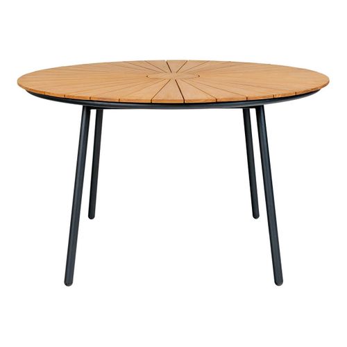 Table De Jardin Ronde 130cm Plateau En Lames De Teck Et Pieds Métal Noir - Karrige