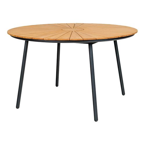 Table De Jardin Ronde 130cm Plateau En Lames De Teck Et Pieds Métal Noir - Karrige