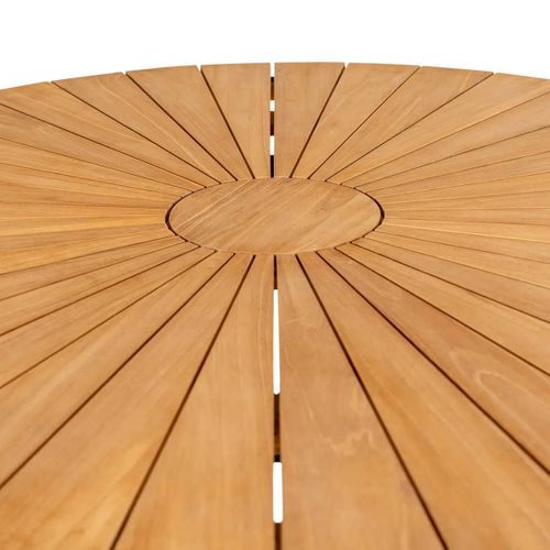Table De Jardin Ronde 130cm Plateau En Lames De Teck Et Pieds Métal Noir - Karrige