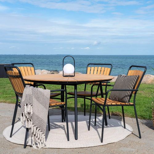 Table De Jardin Ronde 130cm Plateau En Lames De Teck Et Pieds Métal Noir - Karrige