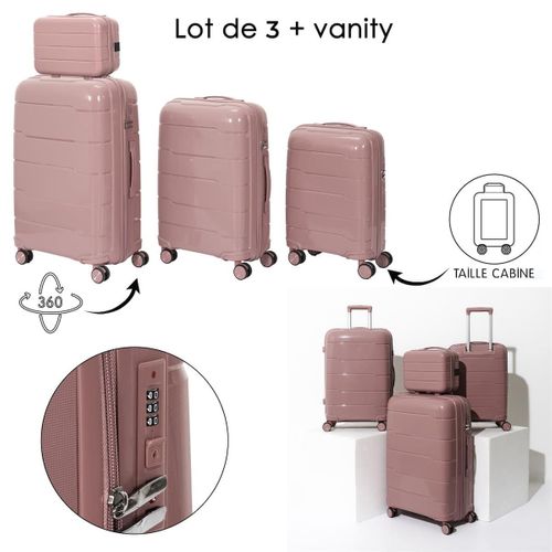 Lot De 3 Valises Roses Poudrées (13l-107l) Avec Vanity, Roues Pivotantes 360°, Poignée De Traction