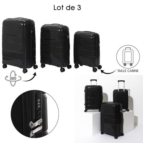 Lot De 3 Valises Noire (13l-107l) Avec Vanity, Roues Pivotantes 360°, Poignée De Traction Et Cadena