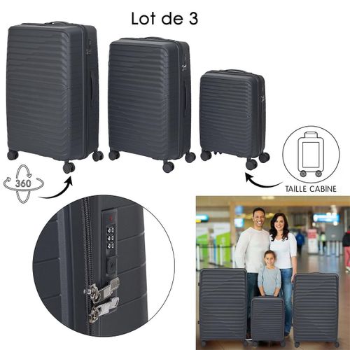 Lot De 3 Valises XL Noires Avec Roues Pivotantes 360°, Cadenas Sécurisé à Code - Emir