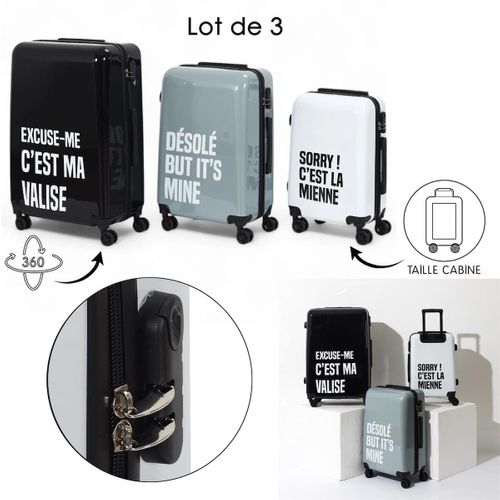 Lot De 3 Valises Mots Noire, Grises, Blanche Avec Roues Pivotantes 360° Et Cadenas Sécurisé à Code