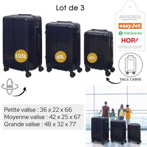 Lot De 3 Valises Bleu Marine - 49l 65l 105l, Coque Rigide En Polycarbonate, Roues Pivotantes 360°