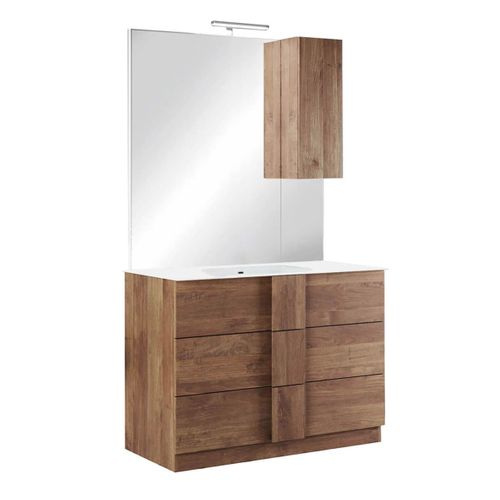 Meuble Vasque 101cm 3 Tiroirs + Miroir Aspect Bois Finition Mercure - Zeus